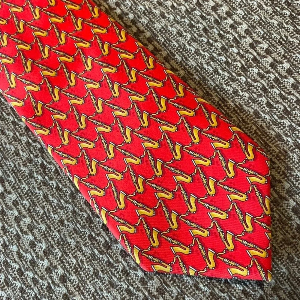 Dormeuil Silk‎ Tie Red Saxophone Pattern Hand Musician Italy Men's Neckwear